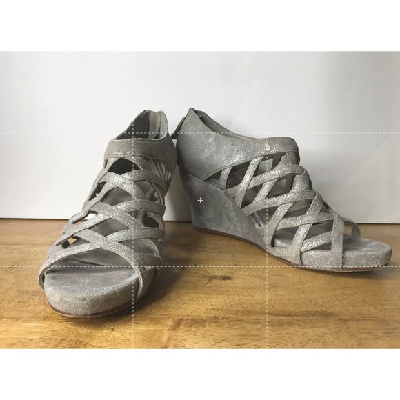 Eileen Fisher Silver Lattice Cage Leather Wedge Sandals Size 6 - Picture 5 of 9